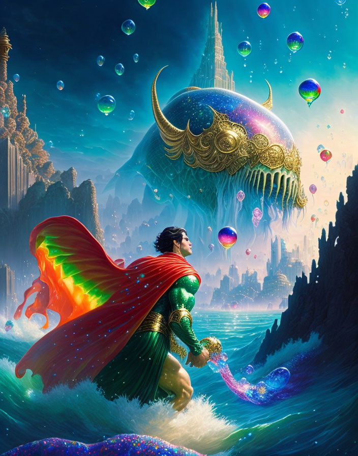 Colorful hero in green suit with rainbow cape in fantastical underwater city with bubbles and horned creature