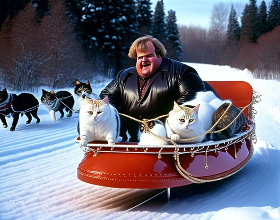 Man in Black Jacket and Sunglasses on Red Sled with Dogs and Cats in Snowy Trail