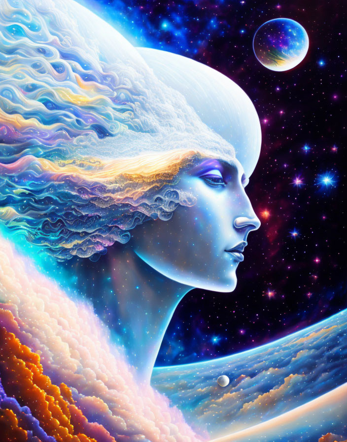 Colorful cosmic profile blending serene face with stars and planets