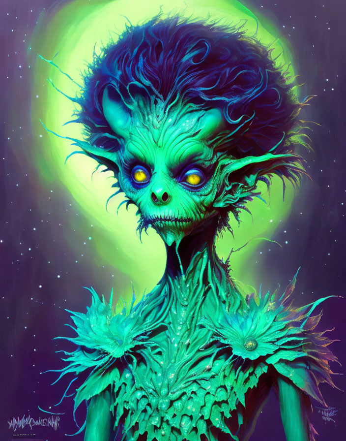 Colorful Alien Creature with Green Skin and Blue Eyes in Space Scene