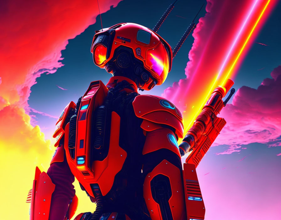 Armored robot with helmet gazing at sky under red and purple backdrop