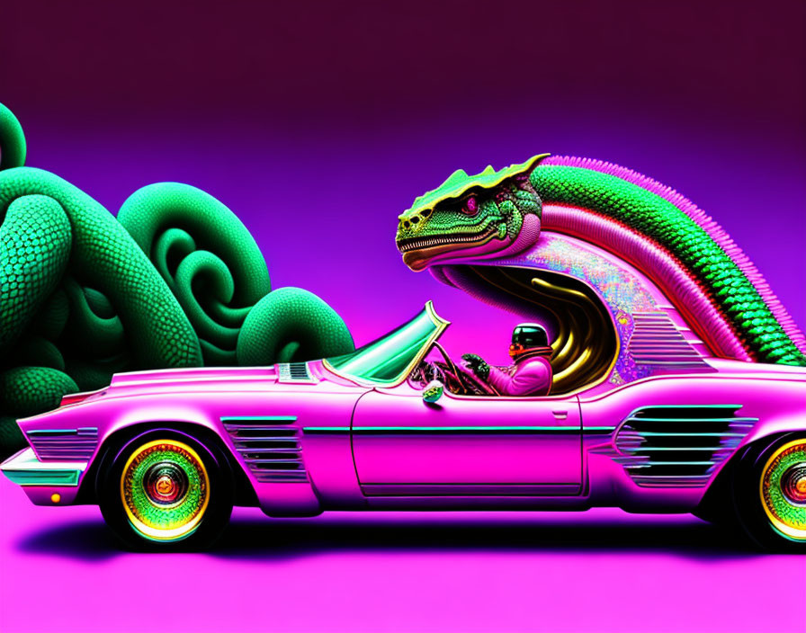 Colorful digital artwork: humanoid figure in pink car with iguana on purple background