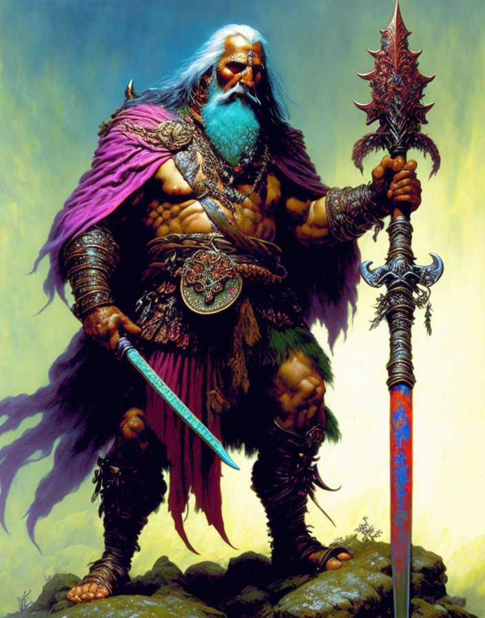 Fantasy Artwork of Blue-Skinned Man with Spear and Sword