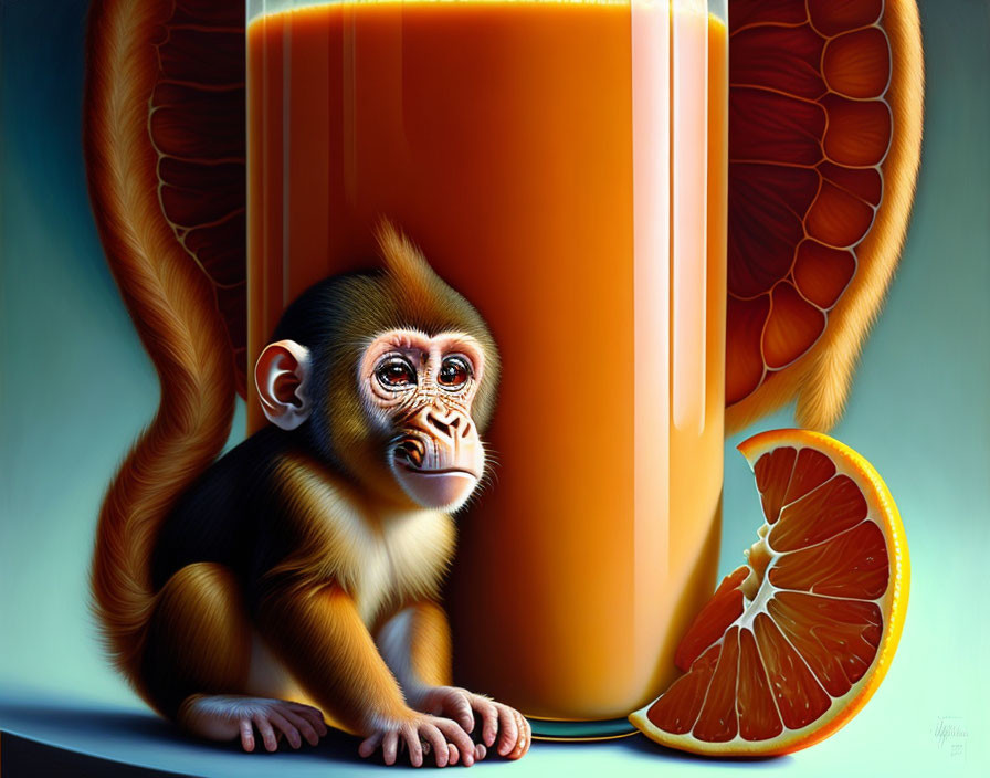 Surreal illustration of monkey with giant orange juice and peeled segment