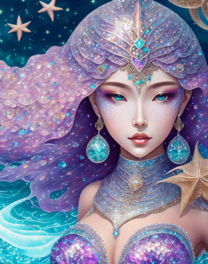 Purple-gradient haired mermaid with starfish and jewels, wearing scale-like attire in underwater scene