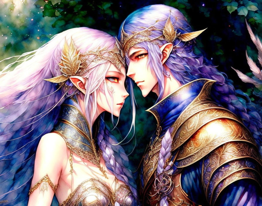 Elf characters in regal attire with pointed ears, gazing in mystical forest.