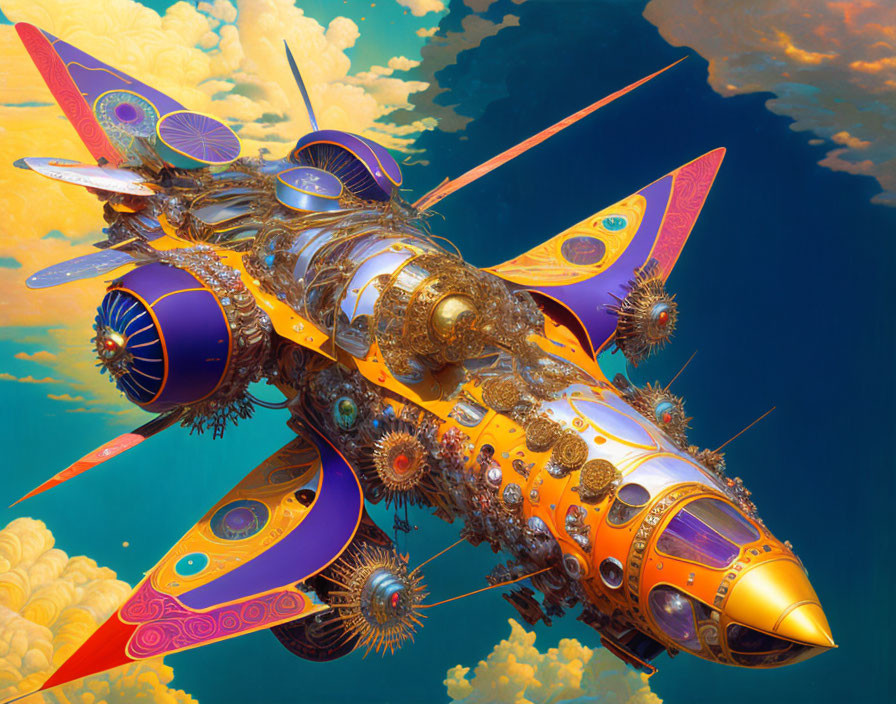 Ornate steampunk spaceship flying in blue sky