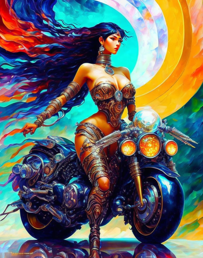 Warrior woman in ornate armor with futuristic motorcycle in vibrant artwork