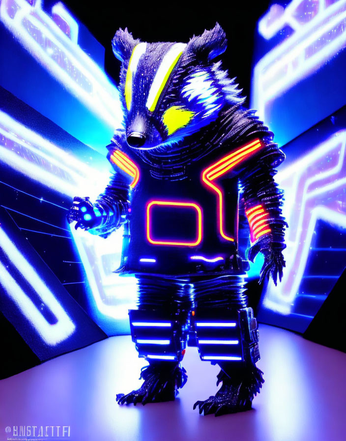 Neon-lit sci-fi raccoon action figure with glowing effect