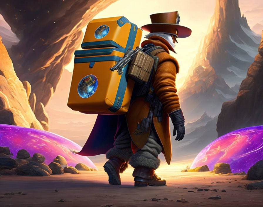 Stylized animated character in top hat and trench coat on alien planet