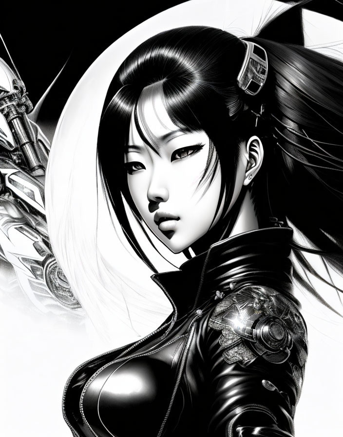 Monochrome cyberpunk-style female character with black hair and futuristic attire holding a mechanical device