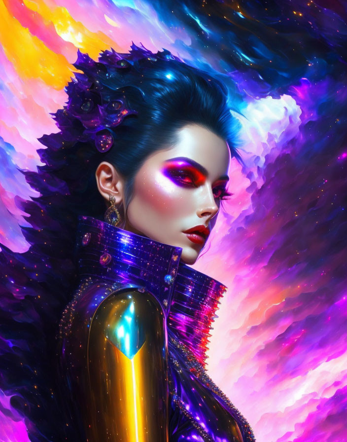 Woman with Cosmic Makeup and Gold Shoulder Piece in Nebula Setting