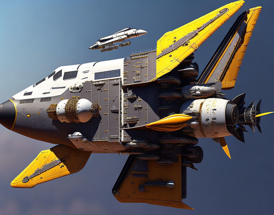 Detailed Futuristic Yellow and Black Spacecraft with Shuttle in Blue Sky