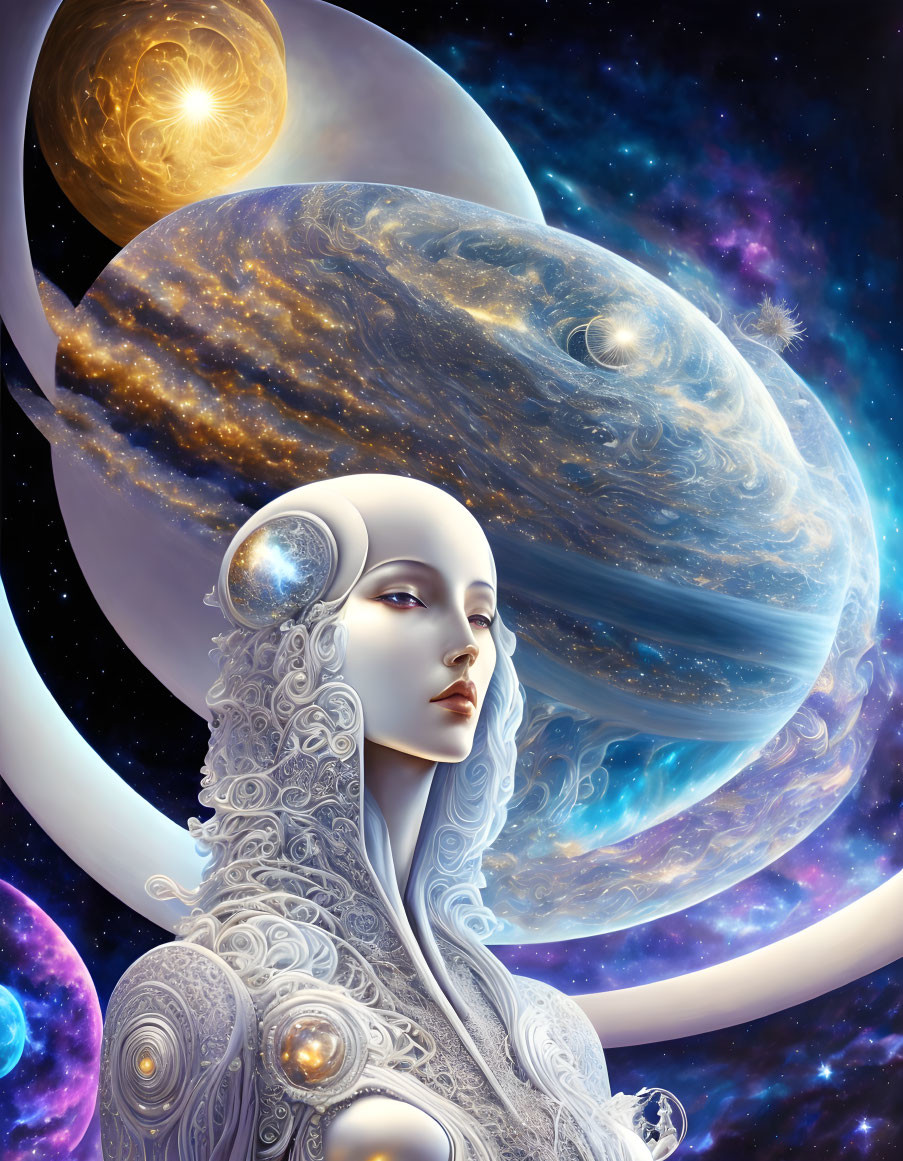 Surreal female figure with ornate details in cosmic setting