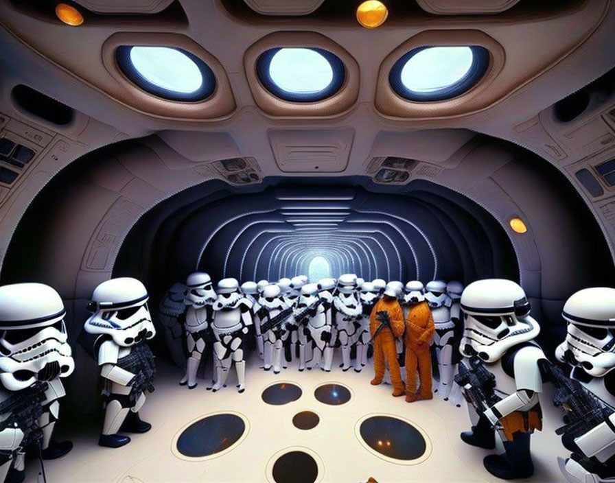 Sci-fi spaceship hallway with stormtroopers and figure in orange flight suit