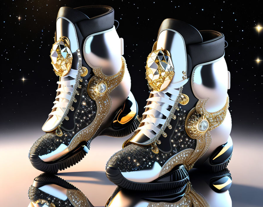 Diamond-Encrusted High-Top Sneakers with Gold Ornaments