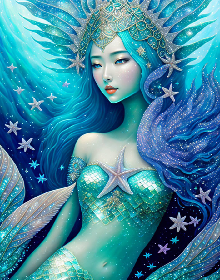 Blue-haired mermaid with starfish tail in deep sea setting