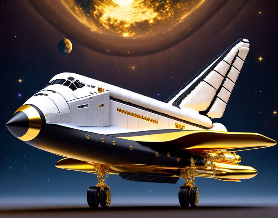 Golden Space Shuttle with Elaborate Detailing on Cosmic Runway