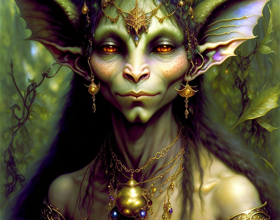 Mystical green-skinned creature with pointed ears and golden jewelry in verdant setting