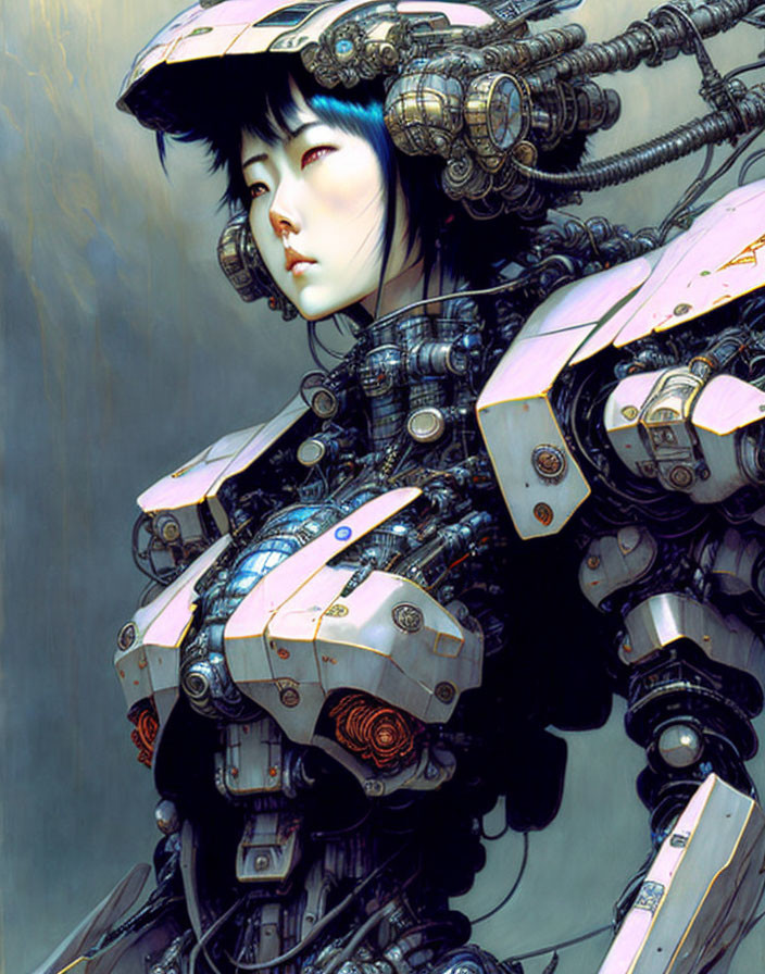 Female cyborg digital artwork with intricate mechanical details and contemplative expression