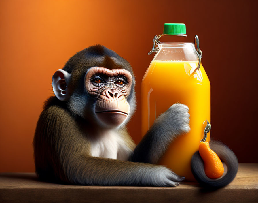 Monkey beside sealed jar of orange juice on warm orange backdrop