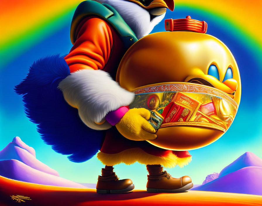 Animated character holding golden helmet under rainbow in desert landscape