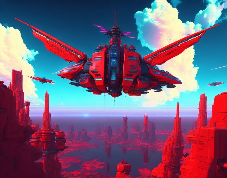 Red and Blue Spaceship Over Alien Landscape with Red Rock Formations