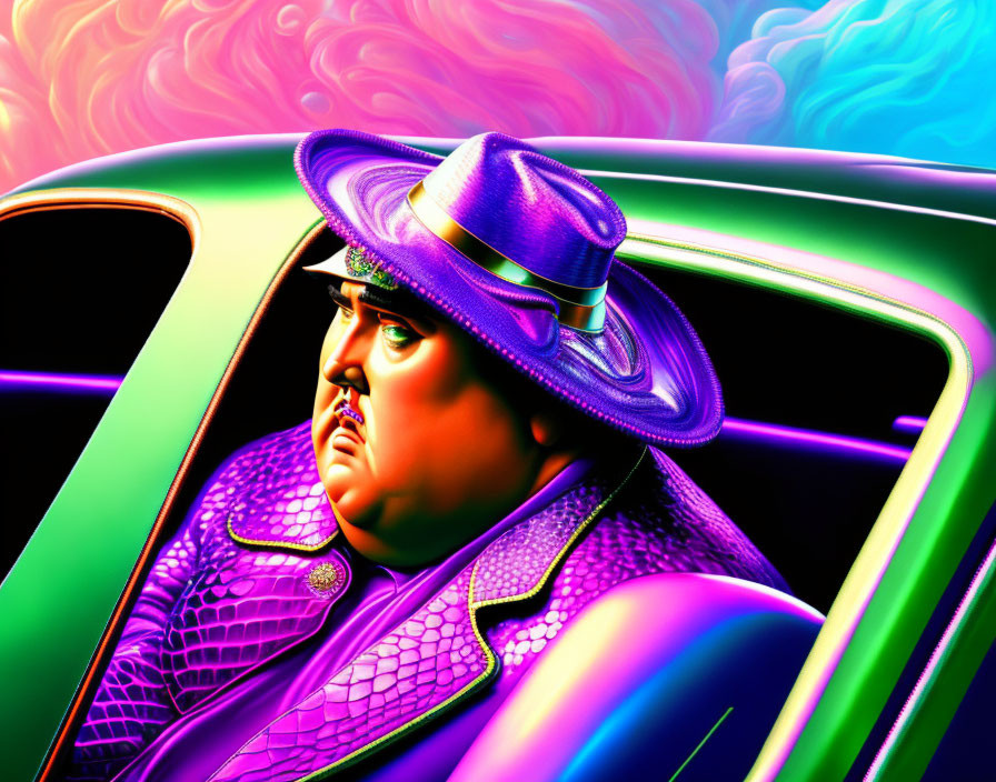 Colorful digital artwork featuring a person in purple attire with psychedelic background