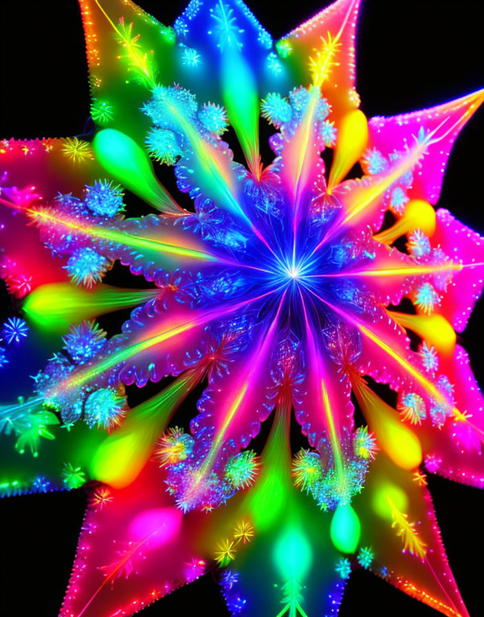 Colorful Neon Fractal Starburst Image with Detailed Intricate Patterns