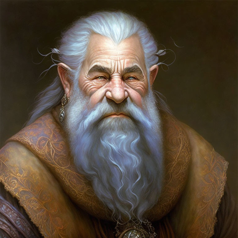 Detailed Portrait of Wise-Looking Fantasy Dwarf with White Beard and Blue Eyes