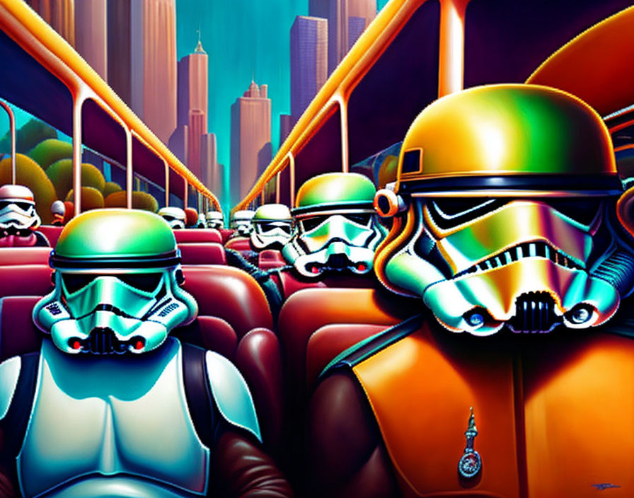 Vibrant Stylized Stormtroopers Artwork on Bus in Cityscape