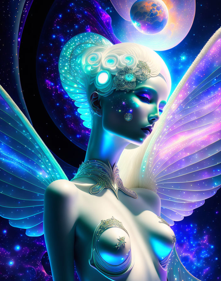 Fantasy female figure with glowing wings in cosmic space art.