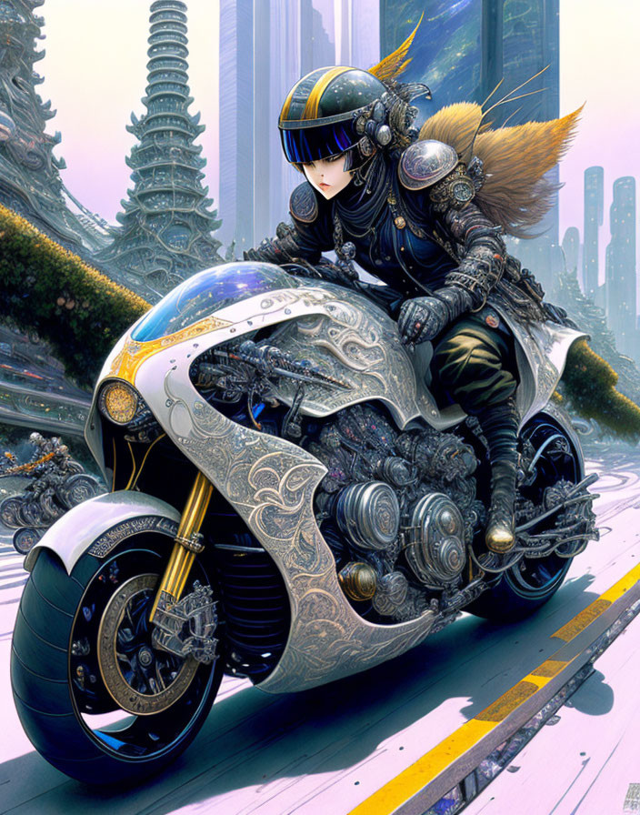 Futuristic warrior in ornate armor on sleek motorcycle in high-tech cityscape