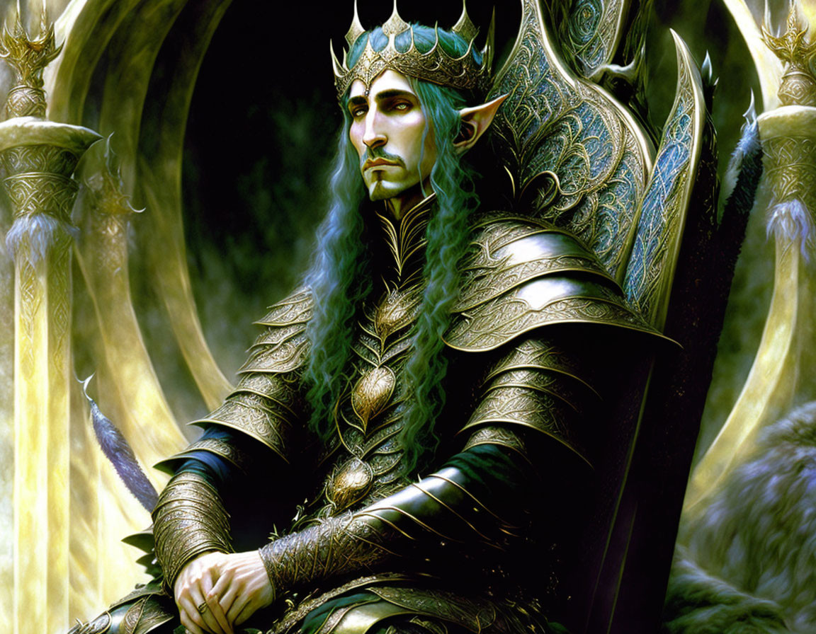 Illustrated Elven King with Blue Hair on Golden Throne in Green Armor