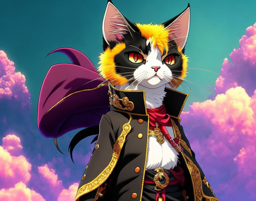 Yellow and Black Fur Cat in Fancy Attire Against Cloudy Sky