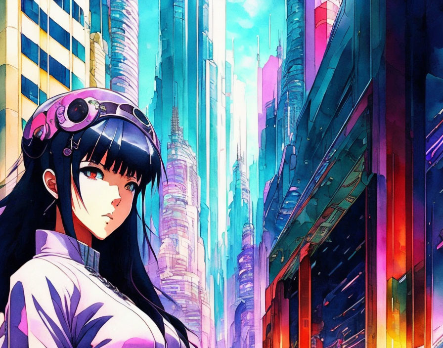 Dark-Haired Girl in Pilot Headset Against Futuristic Cityscape