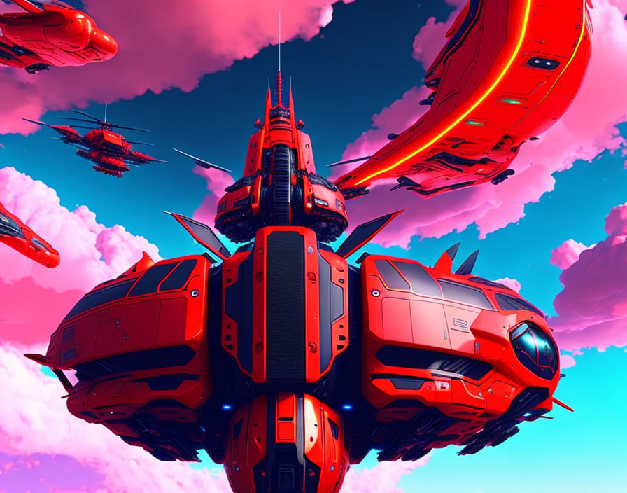 Futuristic red spacecraft in vibrant sci-fi scene under pink sky