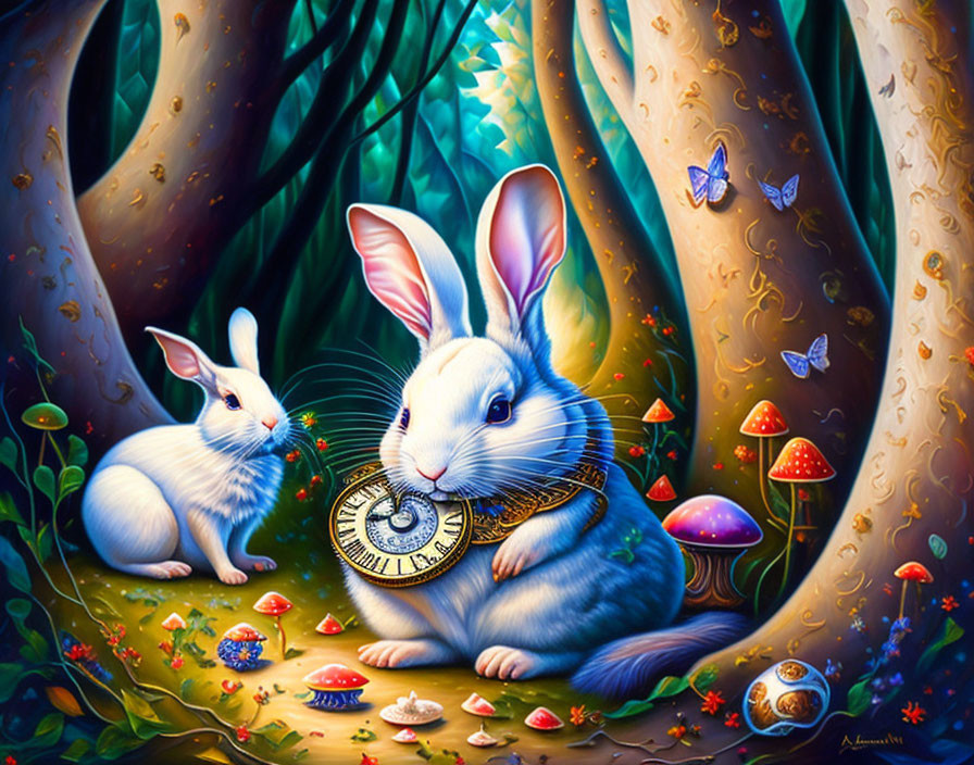 Enchanted forest scene with two rabbits, pocket watch, mushrooms, and butterflies