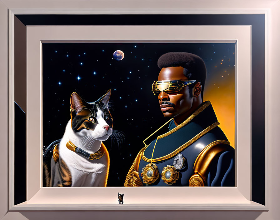 Futuristic man and cat in space attire against starry backdrop in beige frame