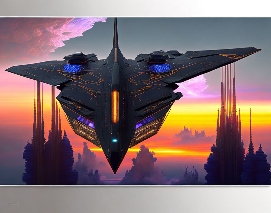 Futuristic spaceship with blue and orange designs flying over a city at dusk with tall spires,