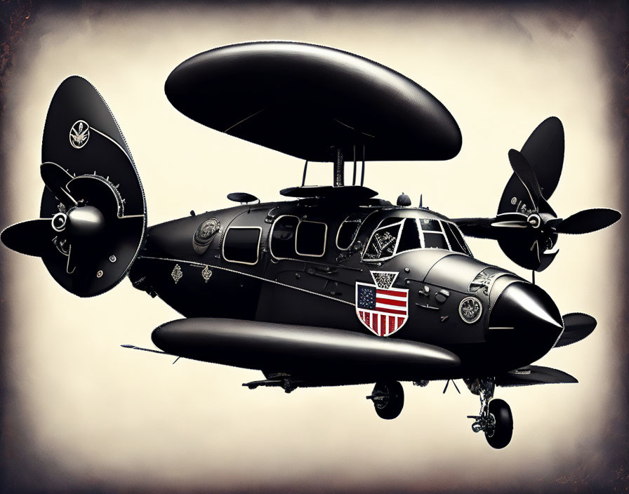 Vintage Military Helicopter with Twin Rotors and American Flag Emblem on Sepia Background