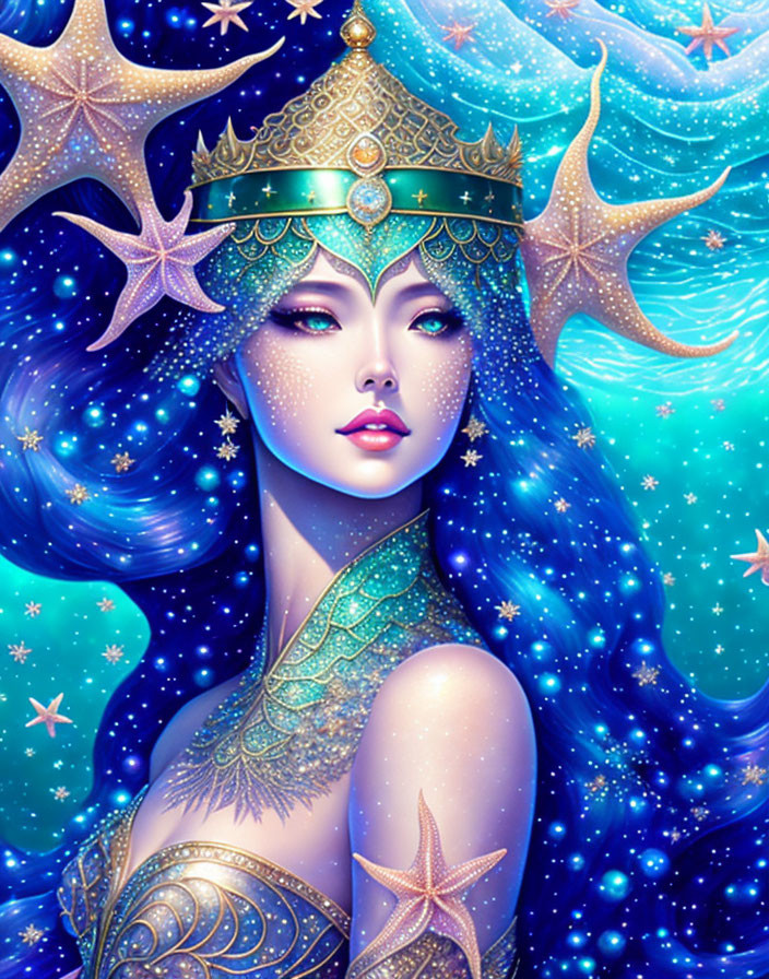 Ethereal woman with turquoise hair and crown in cosmic setting