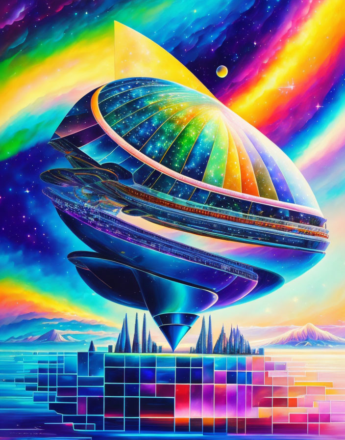 Colorful disk-shaped spaceship hovers over vibrant futuristic city with cosmic backdrop