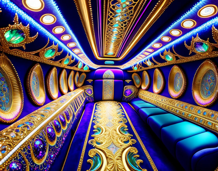 Luxurious corridor with blue and gold patterns, neon lights, plush seating