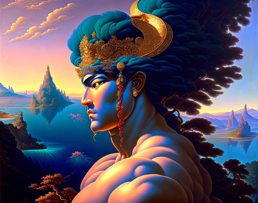 Regal figure with crescent moon headdress in vibrant landscape