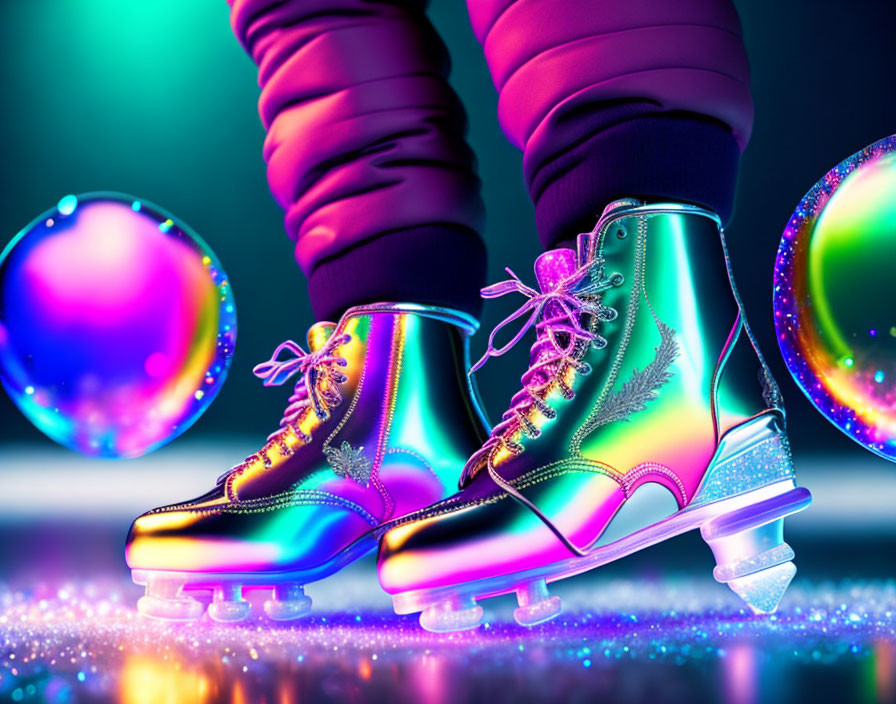 Colorful holographic ice skates with purple leggings on glittery surface and soap bubbles.