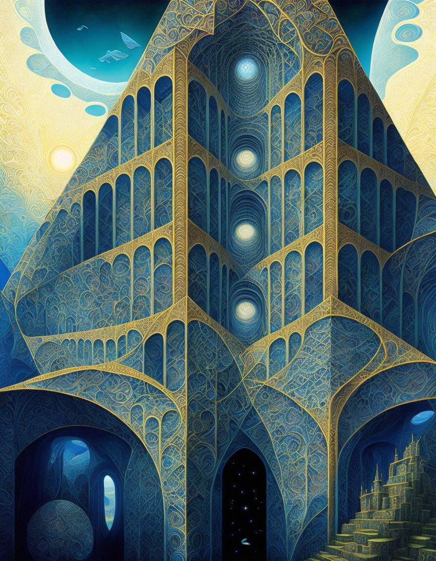 Fantastical Building with Golden Patterns and Celestial Night Sky