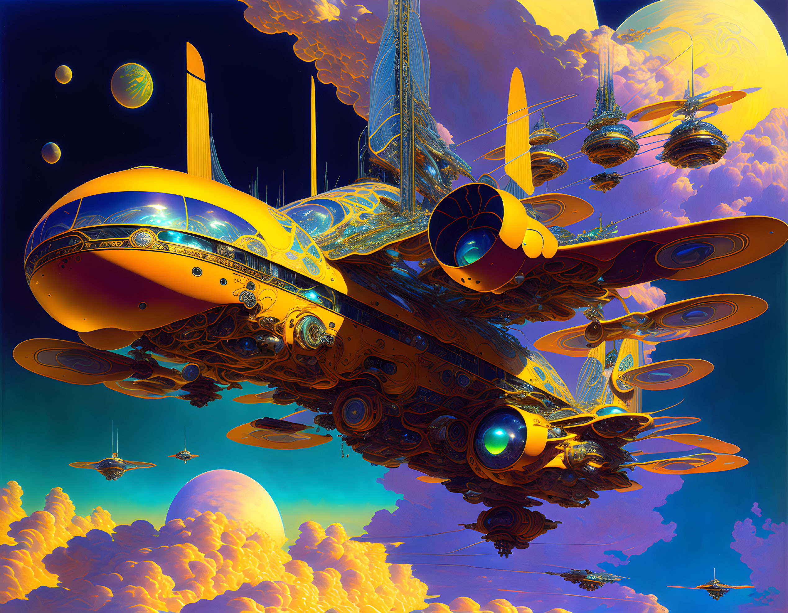 Intricately designed golden spaceship soaring above cloud tops