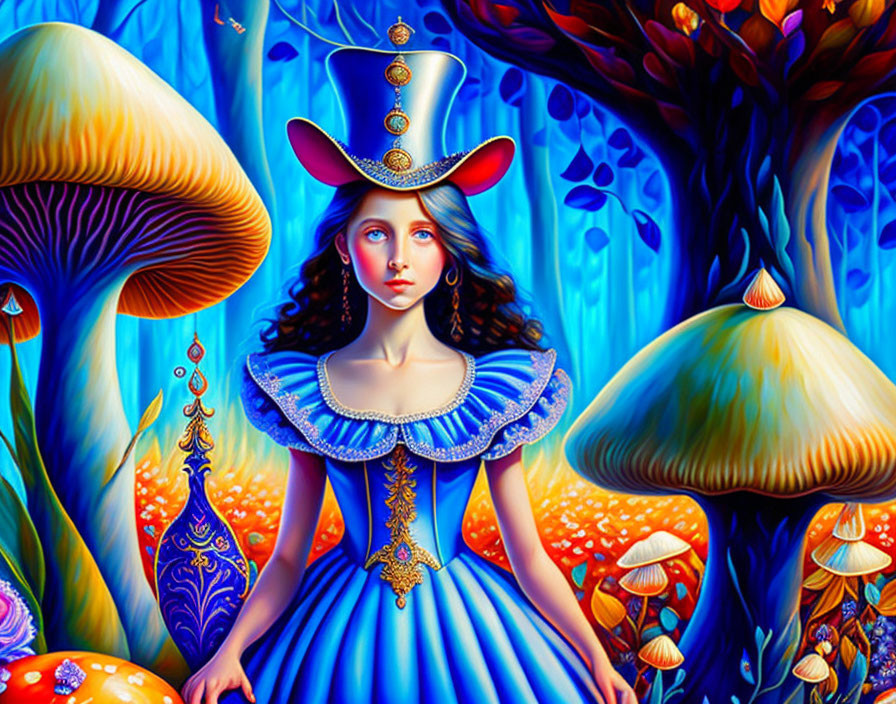 Illustration of girl in blue dress with mushrooms in colorful forest