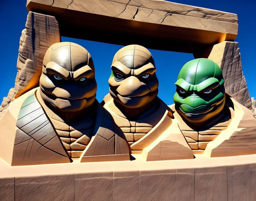 Three stern Teenage Mutant Ninja Turtles statues under stone archway against blue sky